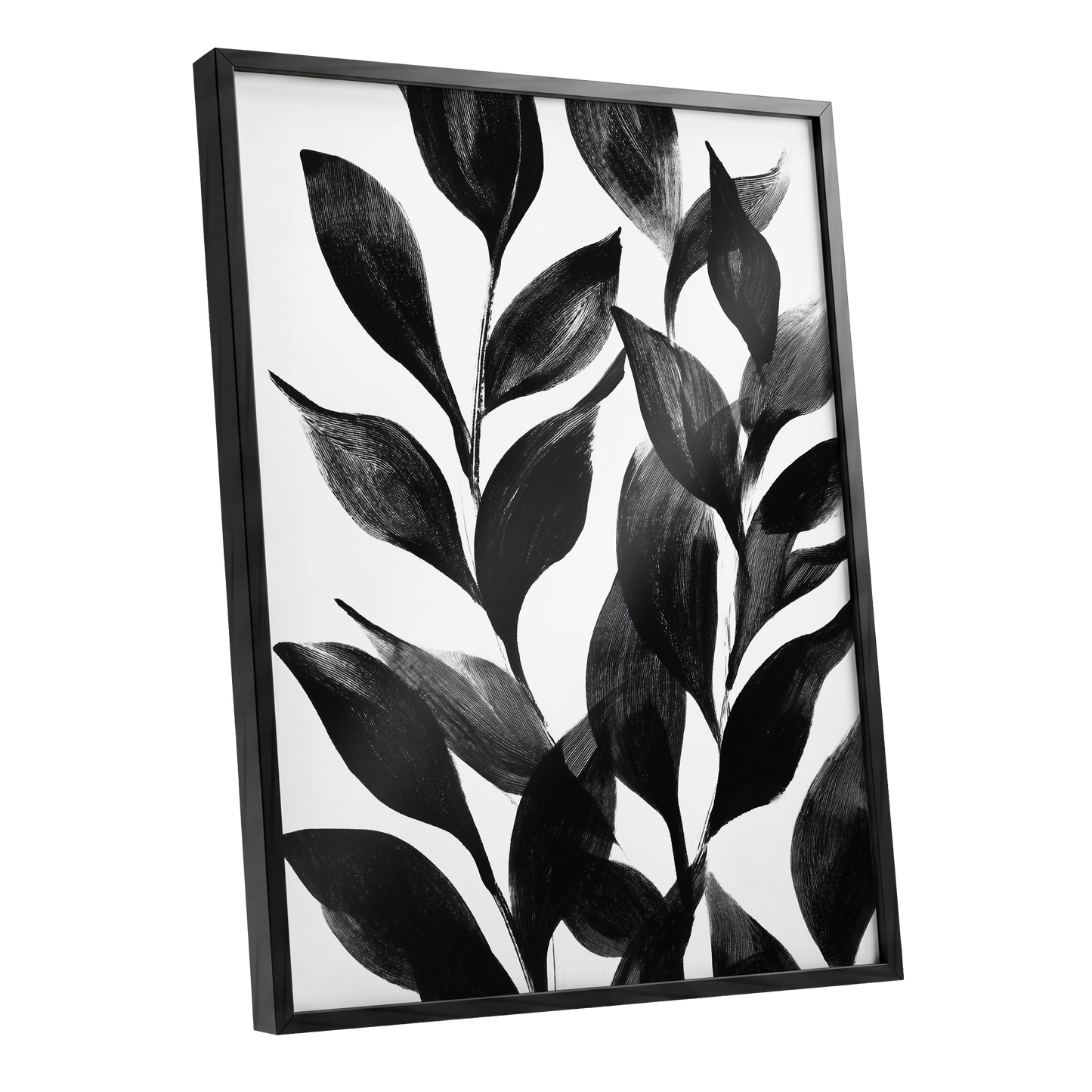 Midnight Leaf Study, black, white, gray nature wall art shown as a black framed poster wall art print