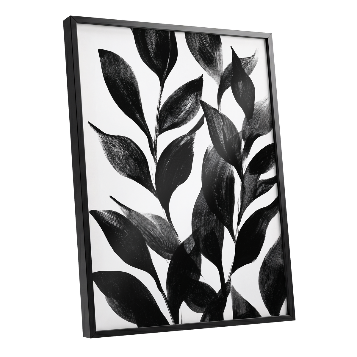 Midnight Leaf Study, black, white, gray nature wall art shown as a black framed poster wall art print