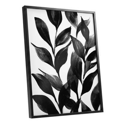 Midnight Leaf Study, black, white, gray nature wall art shown as a black framed poster wall art print