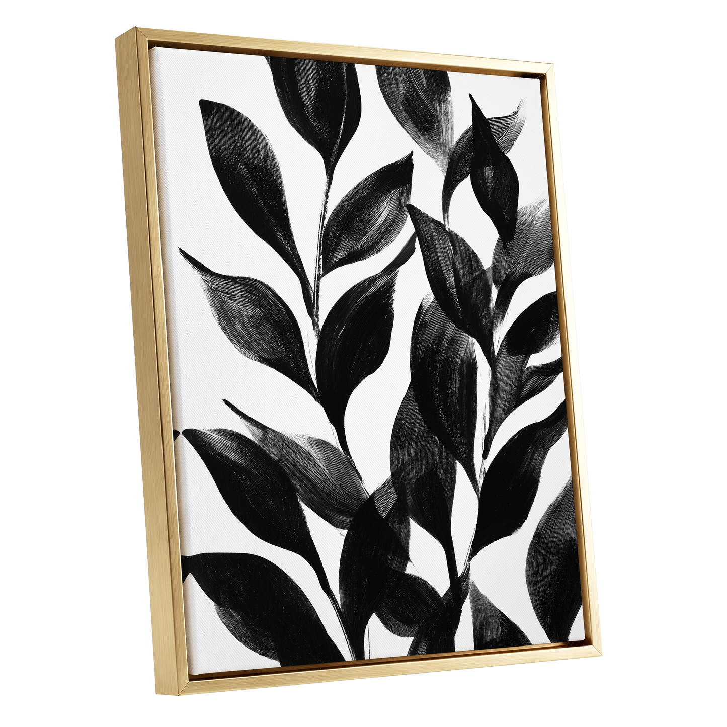 Midnight Leaf Study, black, white, gray nature wall art shown as a gold framed canvas wall art
