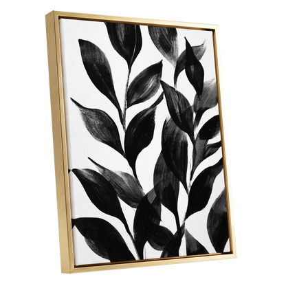Midnight Leaf Study, black, white, gray nature wall art shown as a gold framed canvas wall art