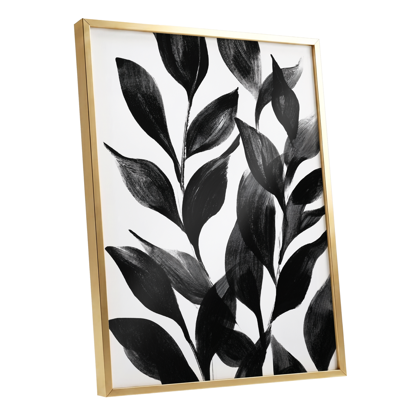 Midnight Leaf Study, black, white, gray nature wall art shown as a gold framed poster wall art print