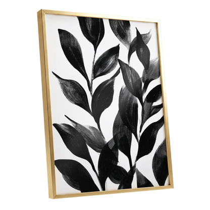 Midnight Leaf Study, black, white, gray nature wall art shown as a gold framed poster wall art print