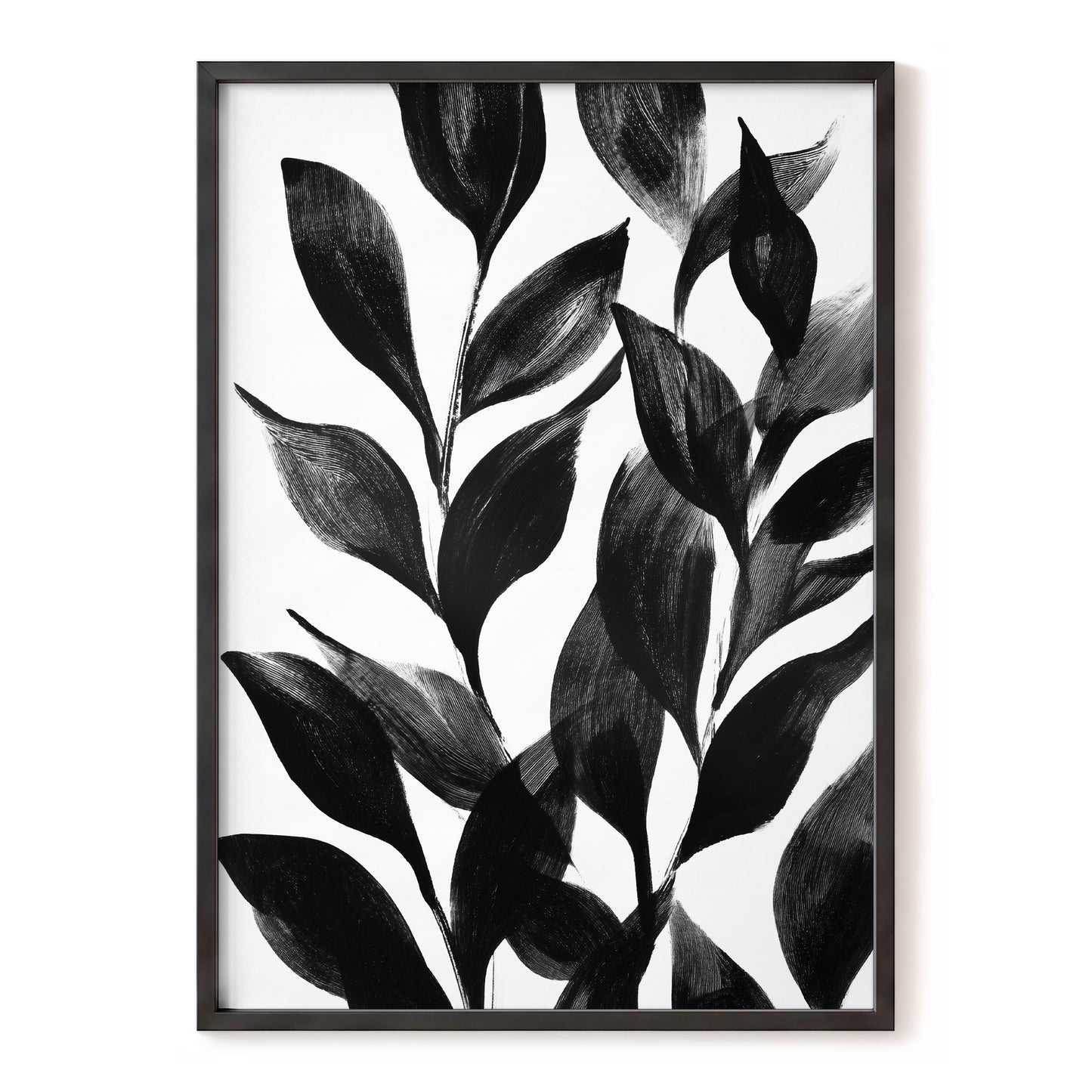 Midnight Leaf Study, black, white, gray nature wall art, front artwork view