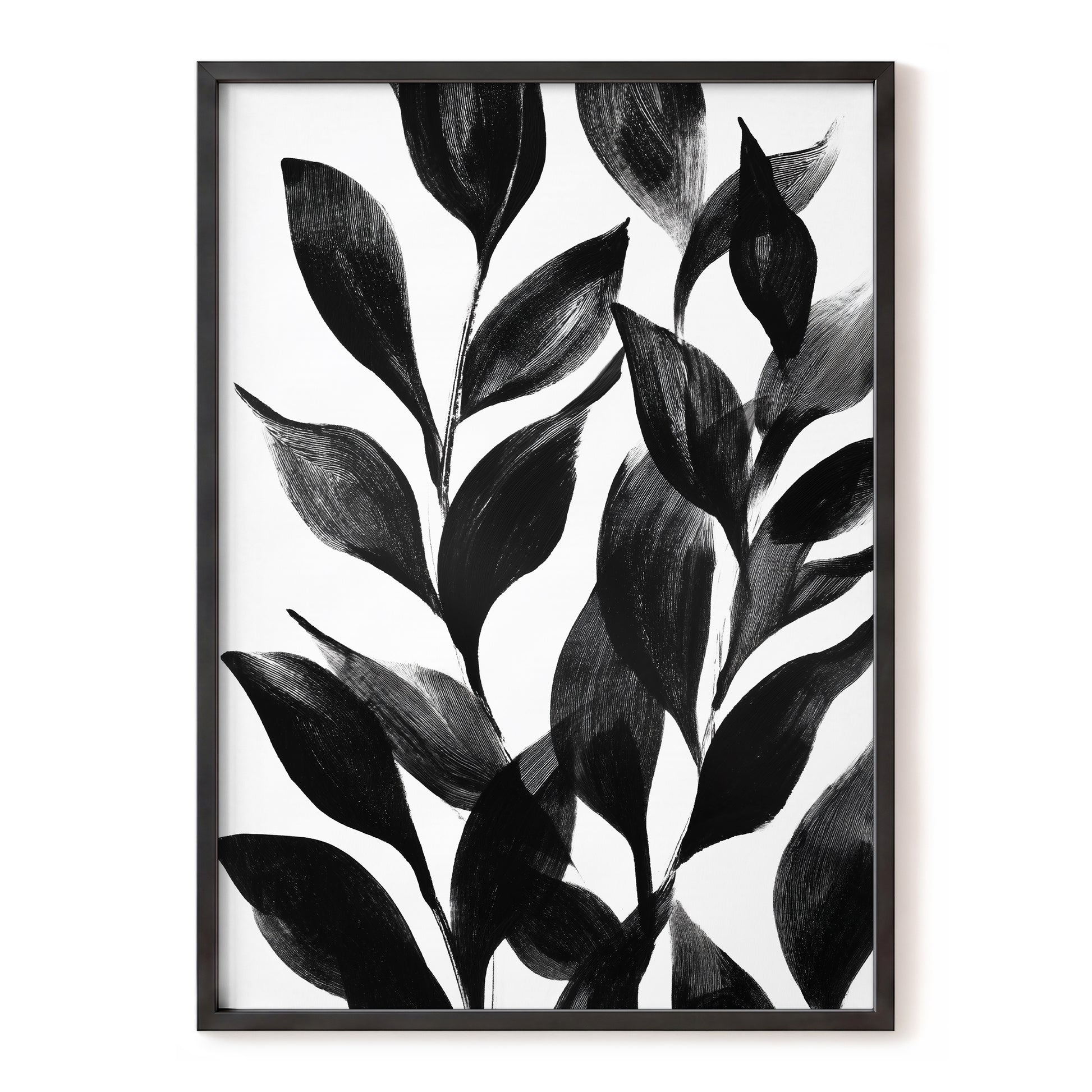 Midnight Leaf Study, black, white, gray nature wall art, front artwork view