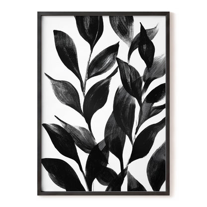 Midnight Leaf Study, black, white, gray nature wall art, front artwork view