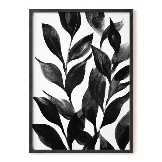 Midnight Leaf Study, black, white, gray nature wall art, front artwork view
