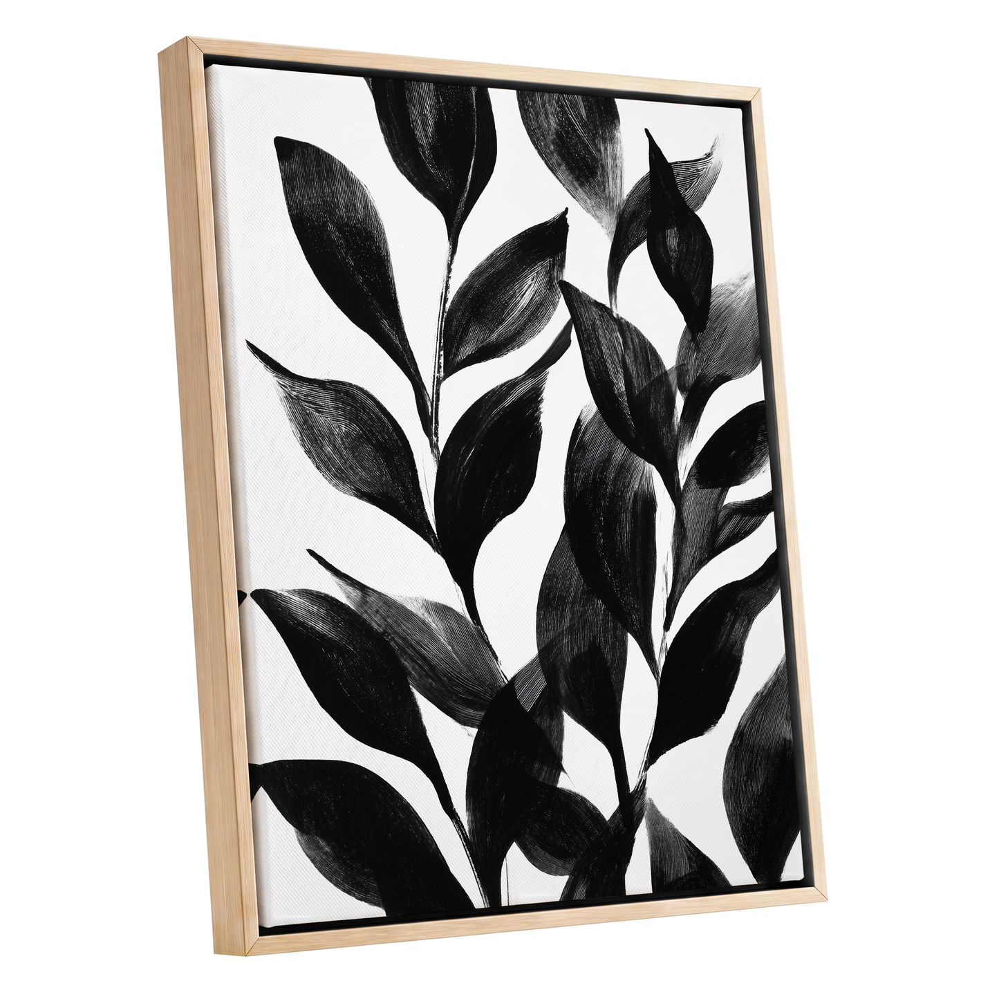 Midnight Leaf Study, black, white, gray nature wall art shown as a oak framed canvas wall art