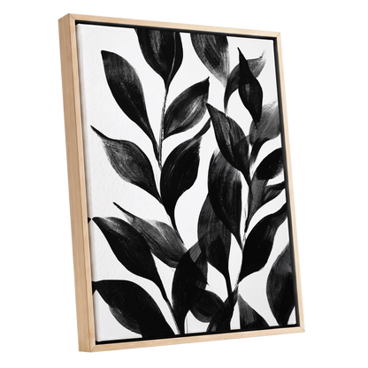 Midnight Leaf Study, black, white, gray nature wall art shown as a oak framed canvas wall art