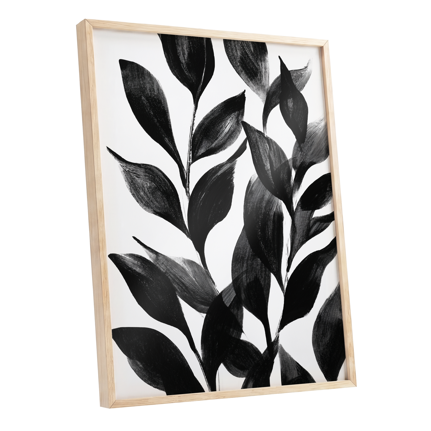 Midnight Leaf Study, black, white, gray nature wall art shown as a oak framed poster wall art print