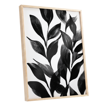 Midnight Leaf Study, black, white, gray nature wall art shown as a oak framed poster wall art print