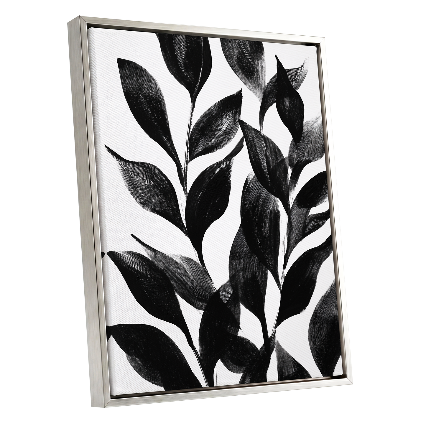 Midnight Leaf Study, black, white, gray nature wall art shown as a silver framed canvas wall art