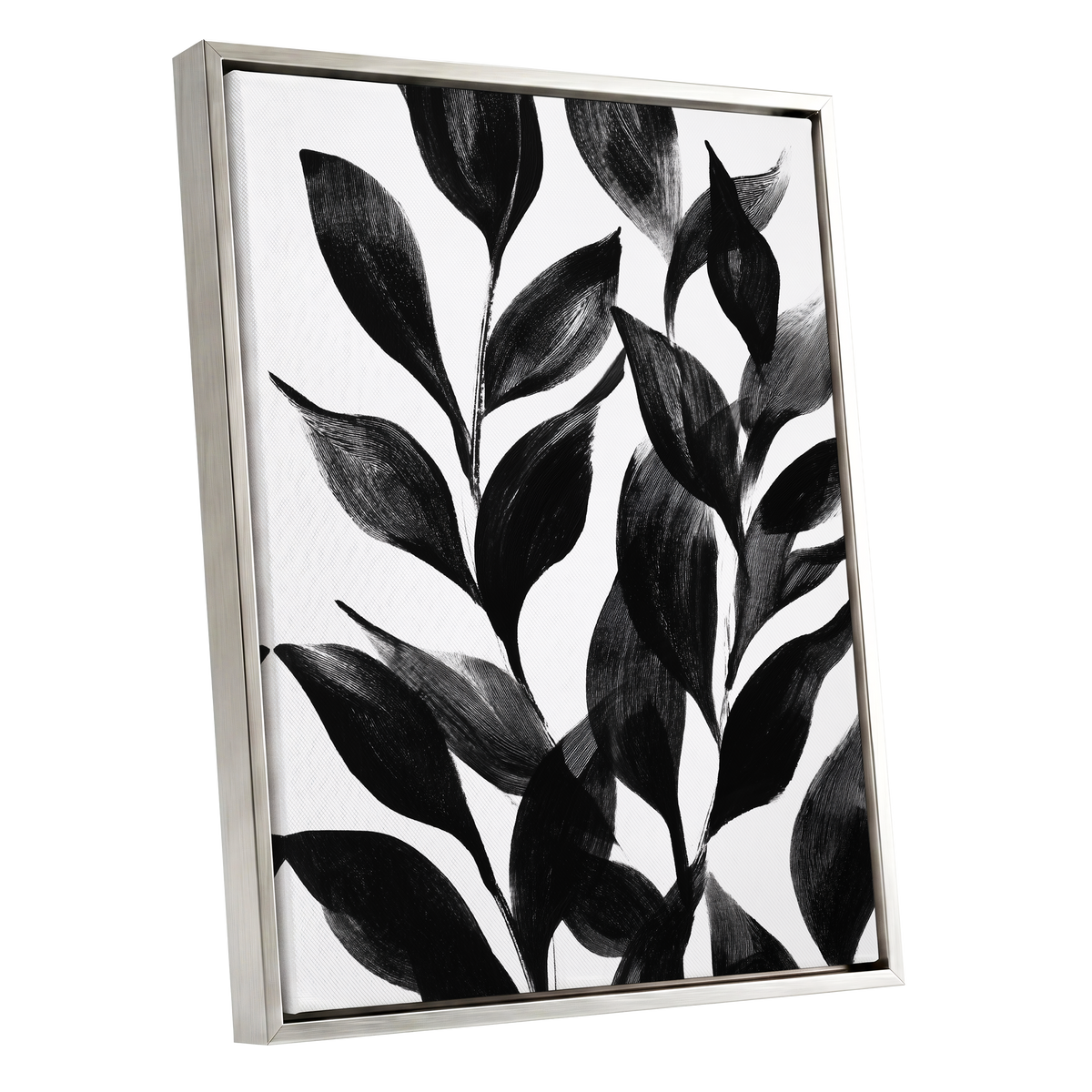 Midnight Leaf Study, black, white, gray nature wall art shown as a silver framed canvas wall art