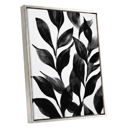 Midnight Leaf Study, black, white, gray nature wall art shown as a silver framed canvas wall art