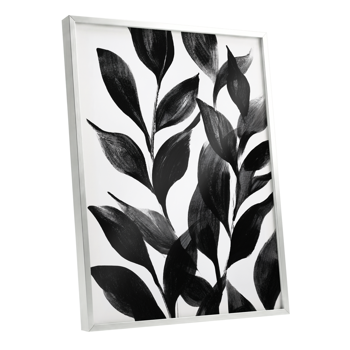 Midnight Leaf Study, black, white, gray nature wall art shown as a silver framed poster wall art print
