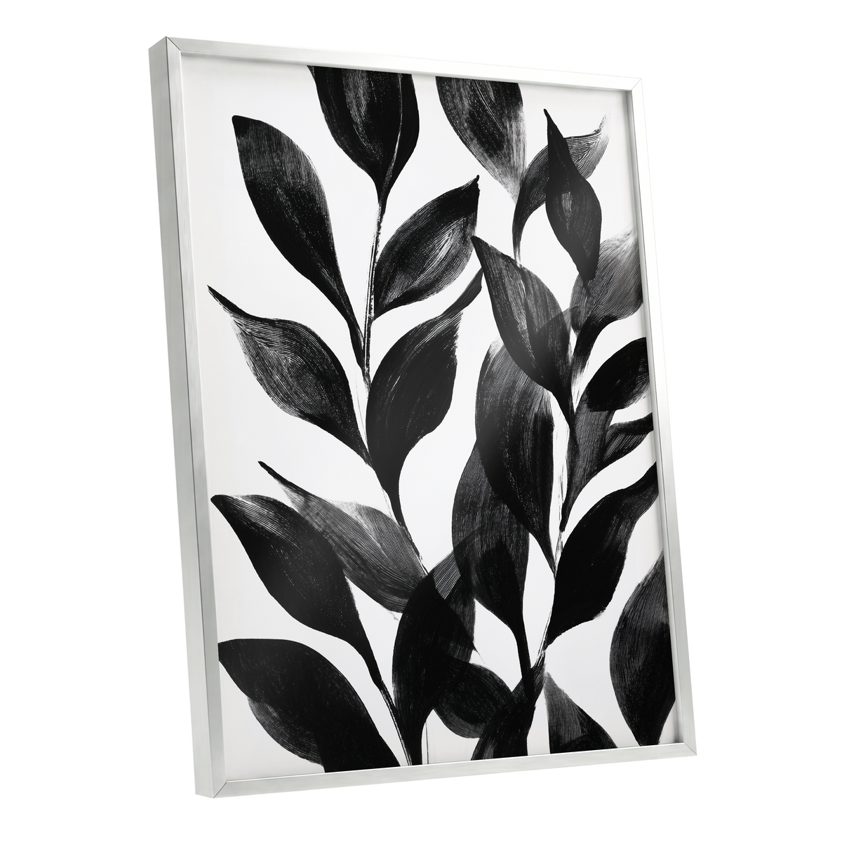 Midnight Leaf Study, black, white, gray nature wall art shown as a silver framed poster wall art print