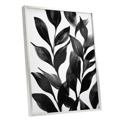 Midnight Leaf Study, black, white, gray nature wall art shown as a silver framed poster wall art print