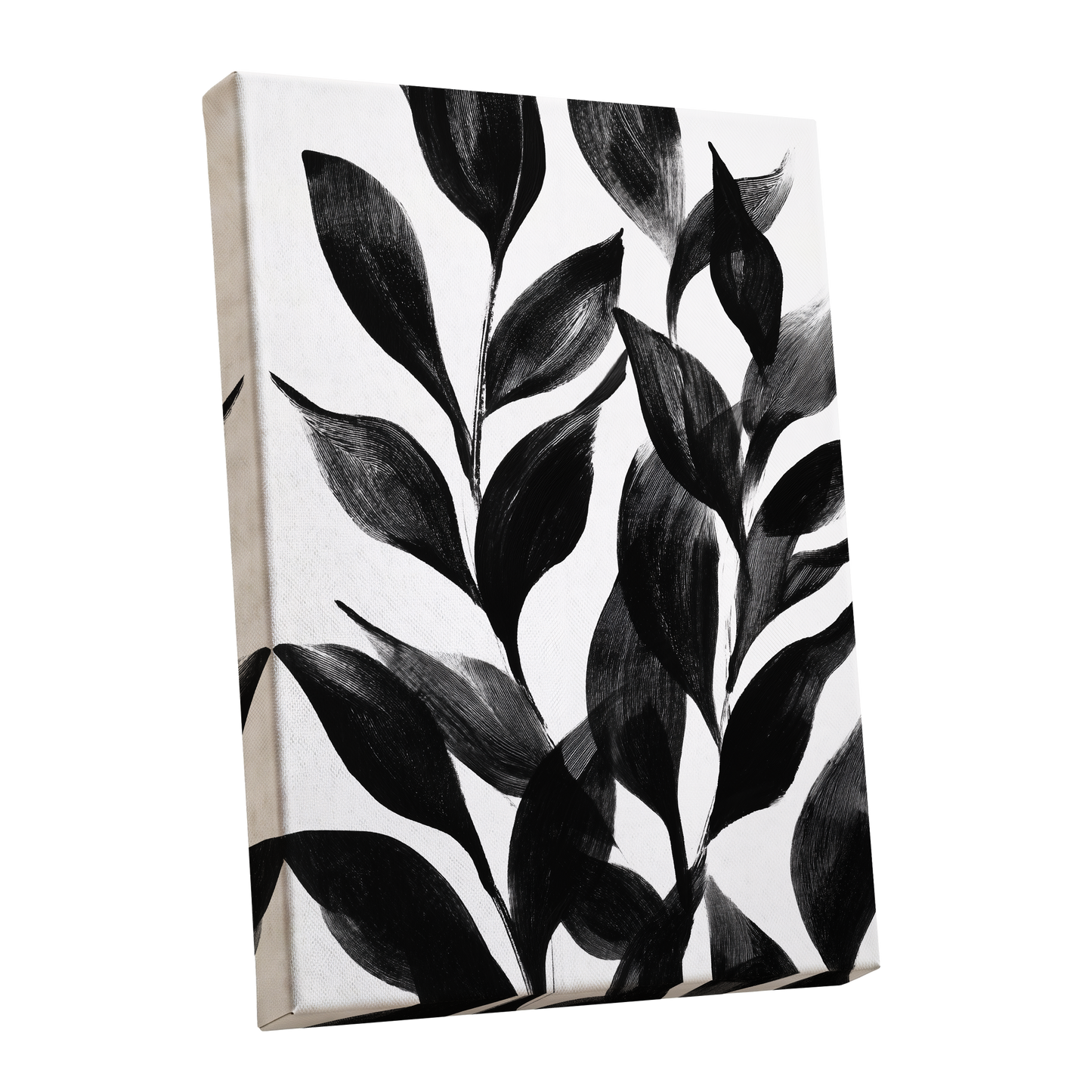Midnight Leaf Study, black, white, gray nature wall art shown as a stretched canvas wall art