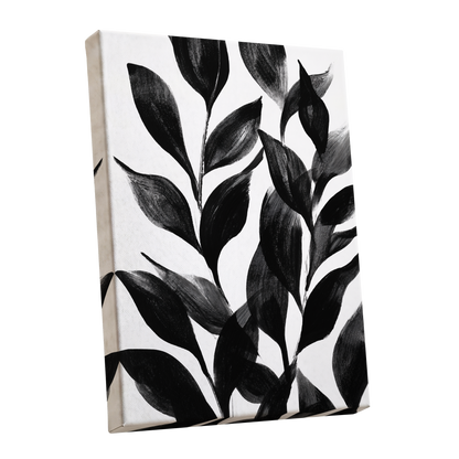 Midnight Leaf Study, black, white, gray nature wall art shown as a stretched canvas wall art