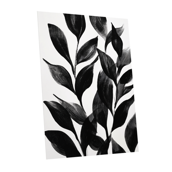 Midnight Leaf Study, black, white, gray nature wall art shown as a unframed poster wall art print