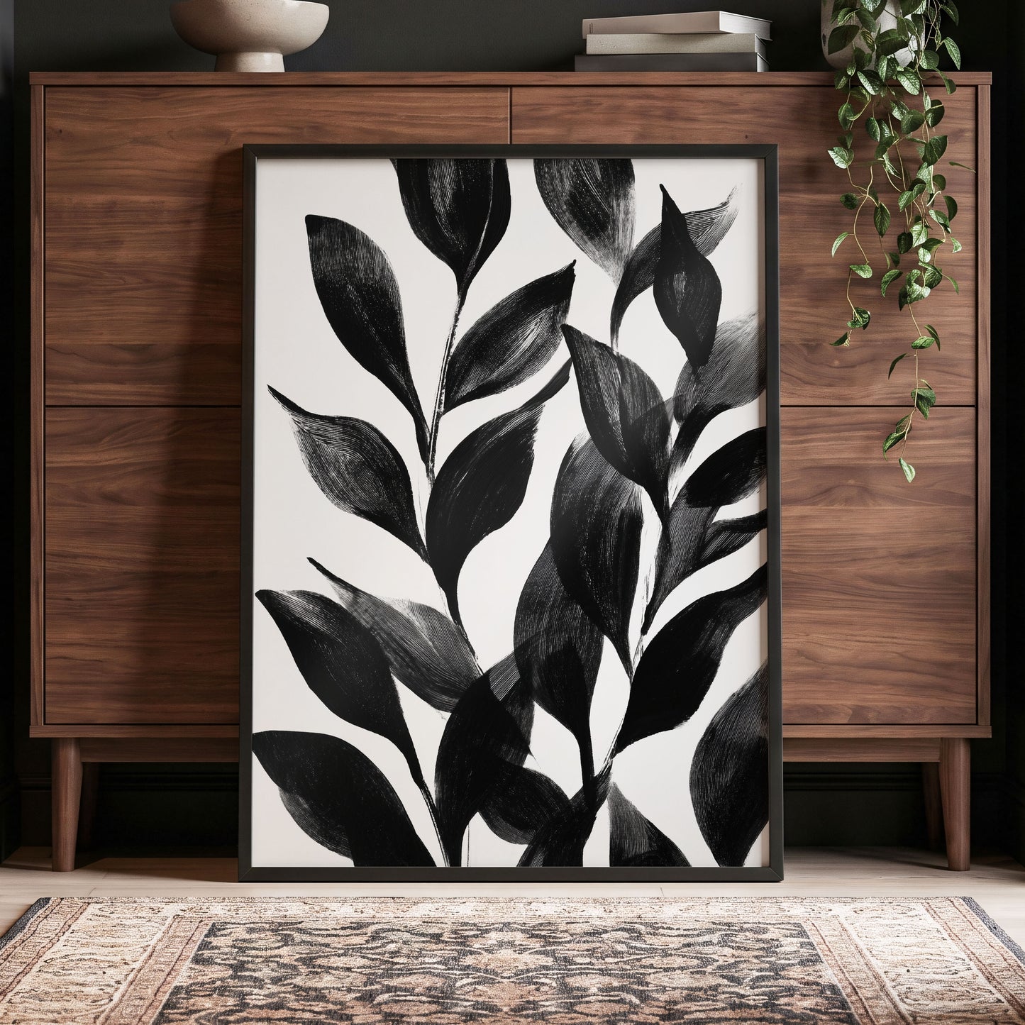 Midnight Leaf Study, black, white, gray nature wall art displayed in a styled interior, gallery view 2