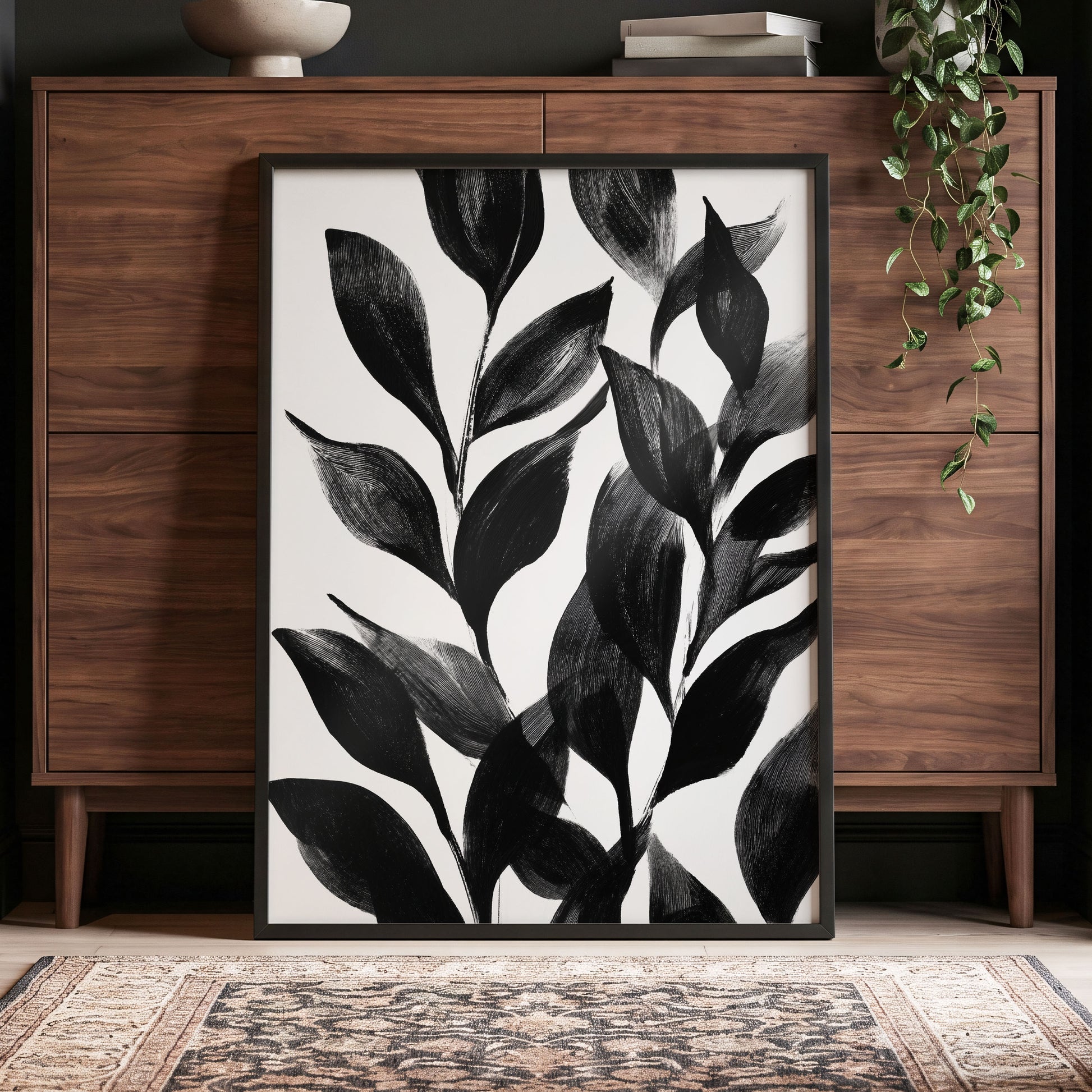 Midnight Leaf Study, black, white, gray nature wall art displayed in a styled interior, gallery view 2
