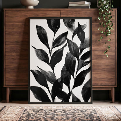 Midnight Leaf Study, black, white, gray nature wall art displayed in a styled interior, gallery view 2