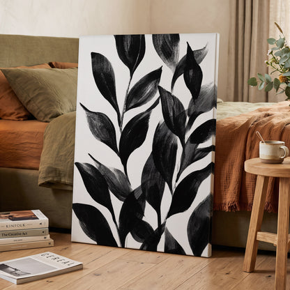 Midnight Leaf Study, black, white, gray nature wall art displayed in a styled interior, gallery view 3