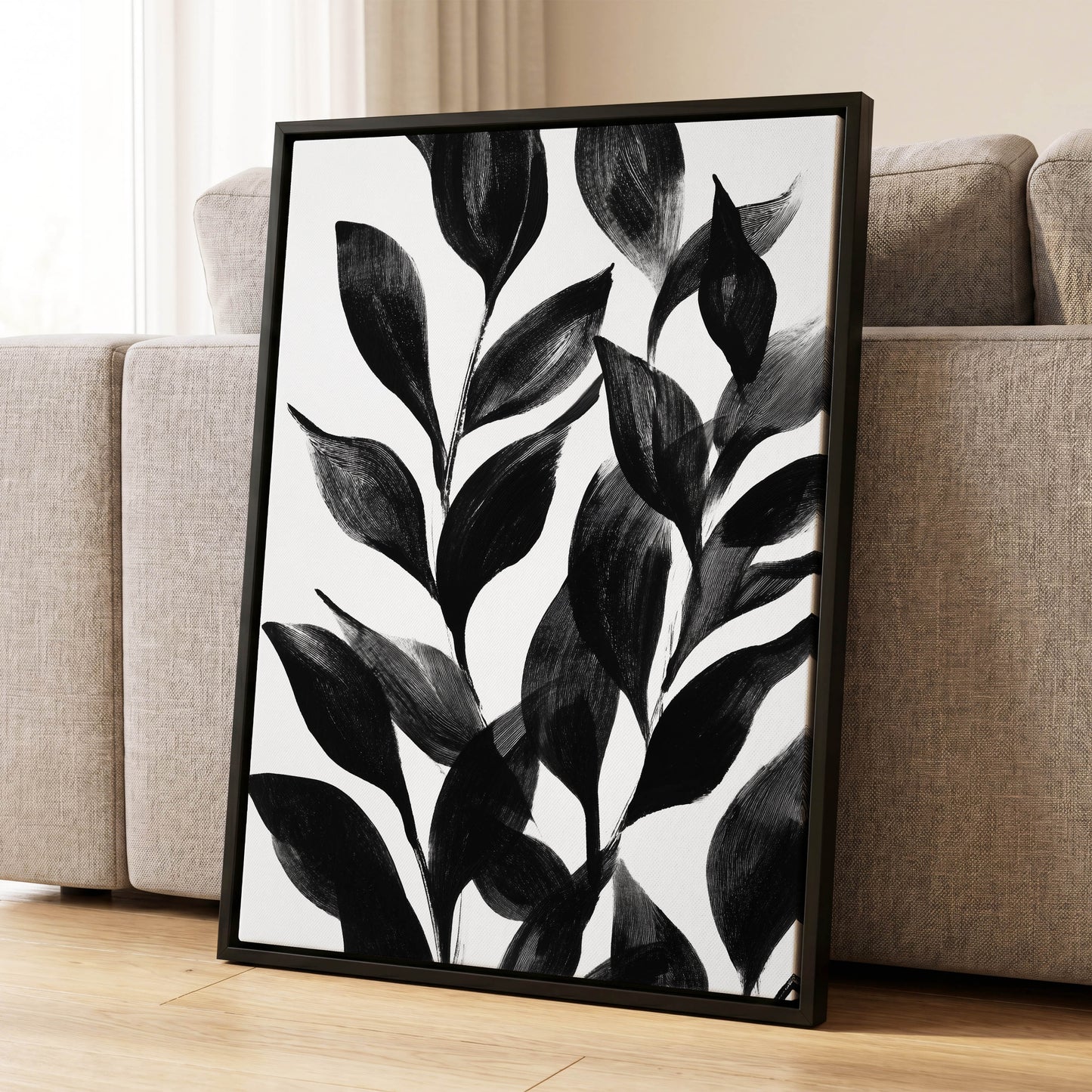 Midnight Leaf Study, black, white, gray nature wall art displayed in a styled interior, gallery view 4