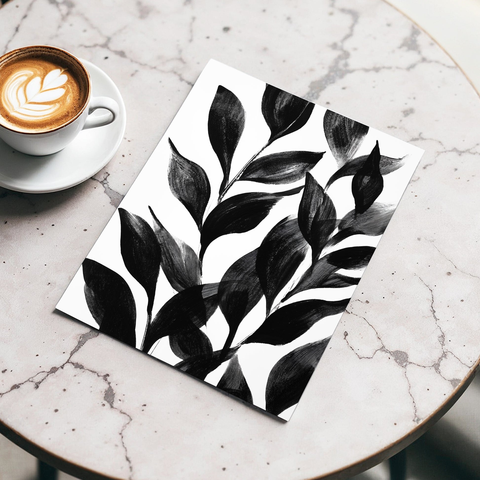 Midnight Leaf Study, black, white, gray nature wall art displayed in a styled interior, gallery view 5
