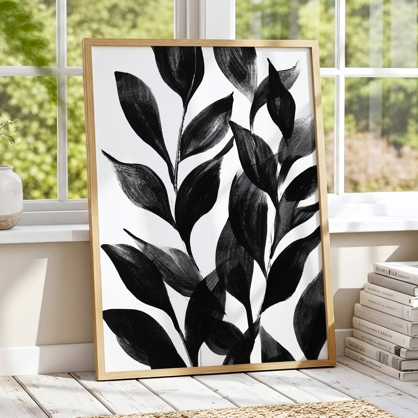 Midnight Leaf Study, black, white, gray nature wall art displayed in a styled interior, gallery view 6