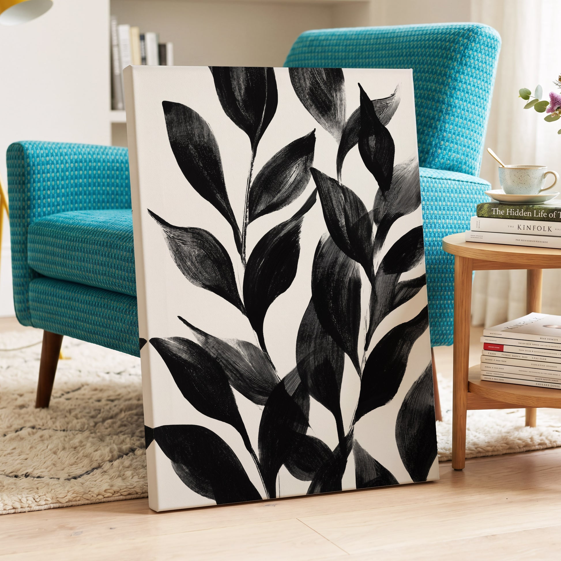 Midnight Leaf Study, black, white, gray nature wall art displayed in a styled interior, gallery view 7