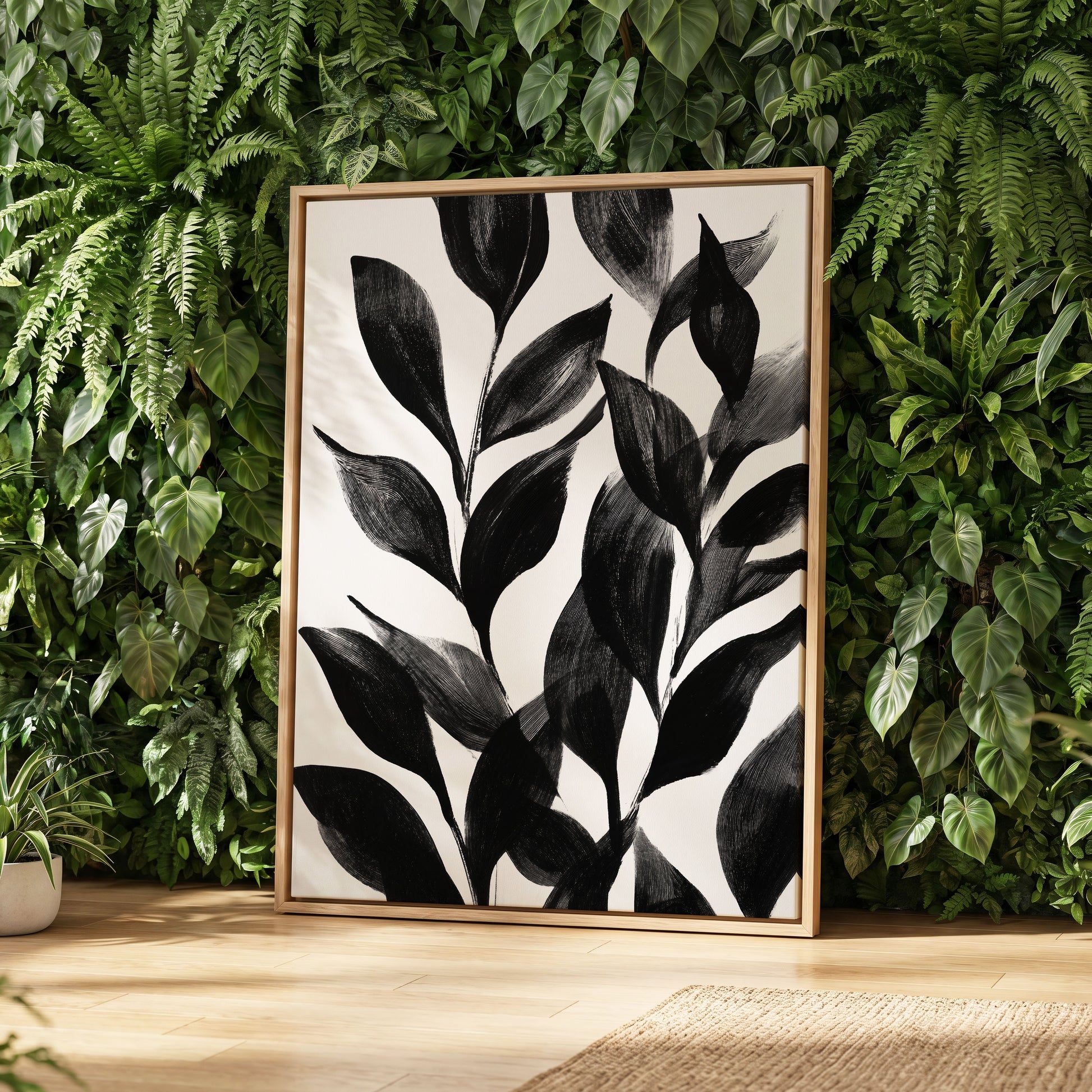 Midnight Leaf Study, black, white, gray nature wall art displayed in a styled interior, gallery view 8