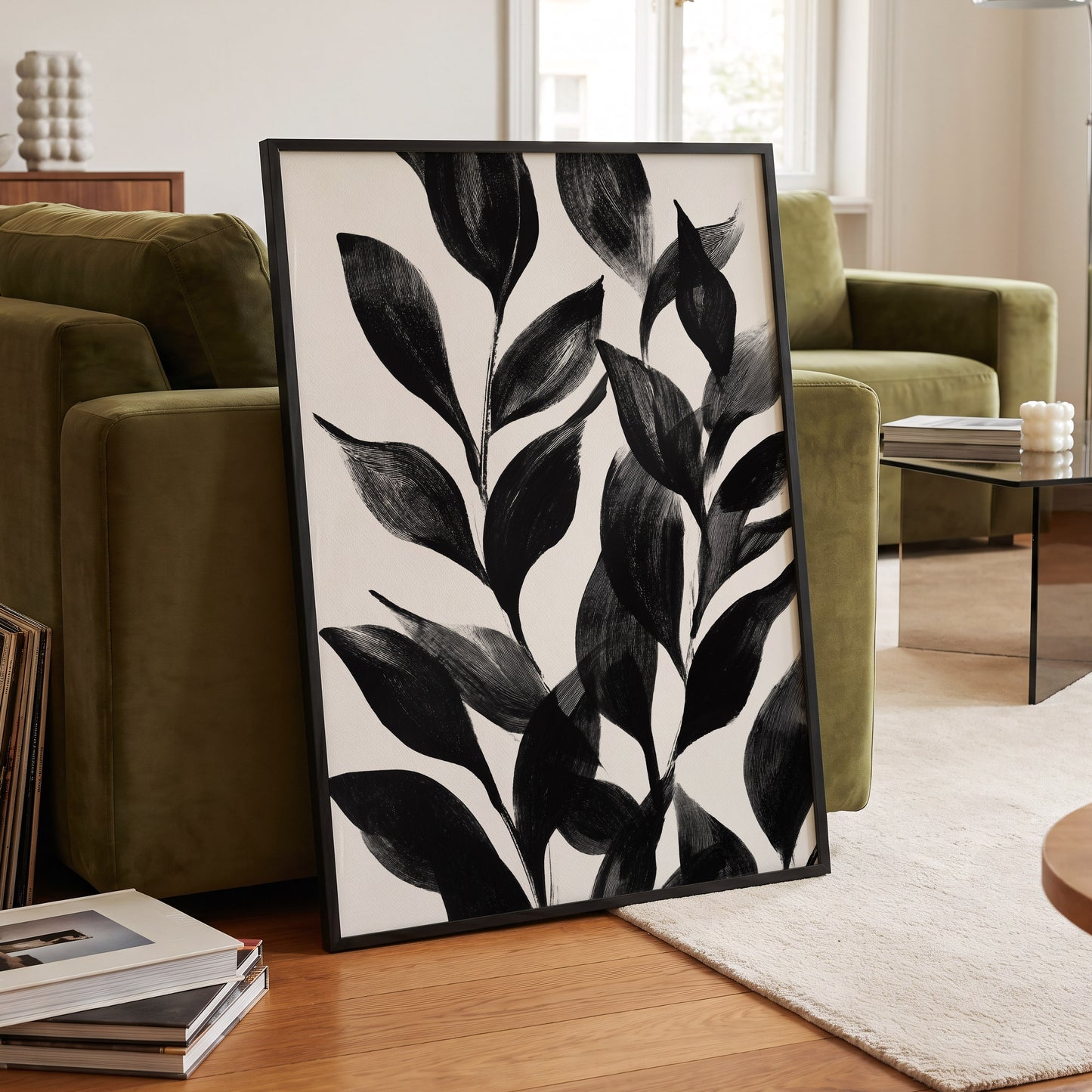 Midnight Leaf Study, black, white, gray nature wall art displayed in a styled interior, gallery view 9