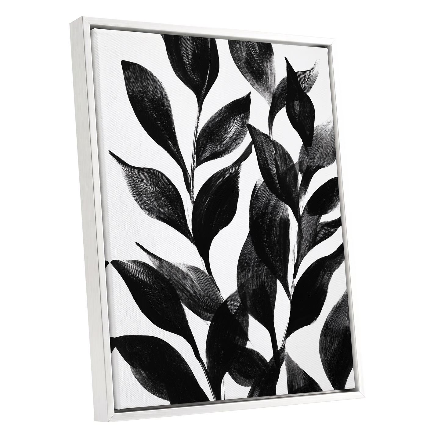 Midnight Leaf Study, black, white, gray nature wall art shown as a white framed canvas wall art