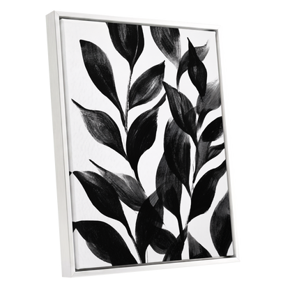 Midnight Leaf Study, black, white, gray nature wall art shown as a white framed canvas wall art
