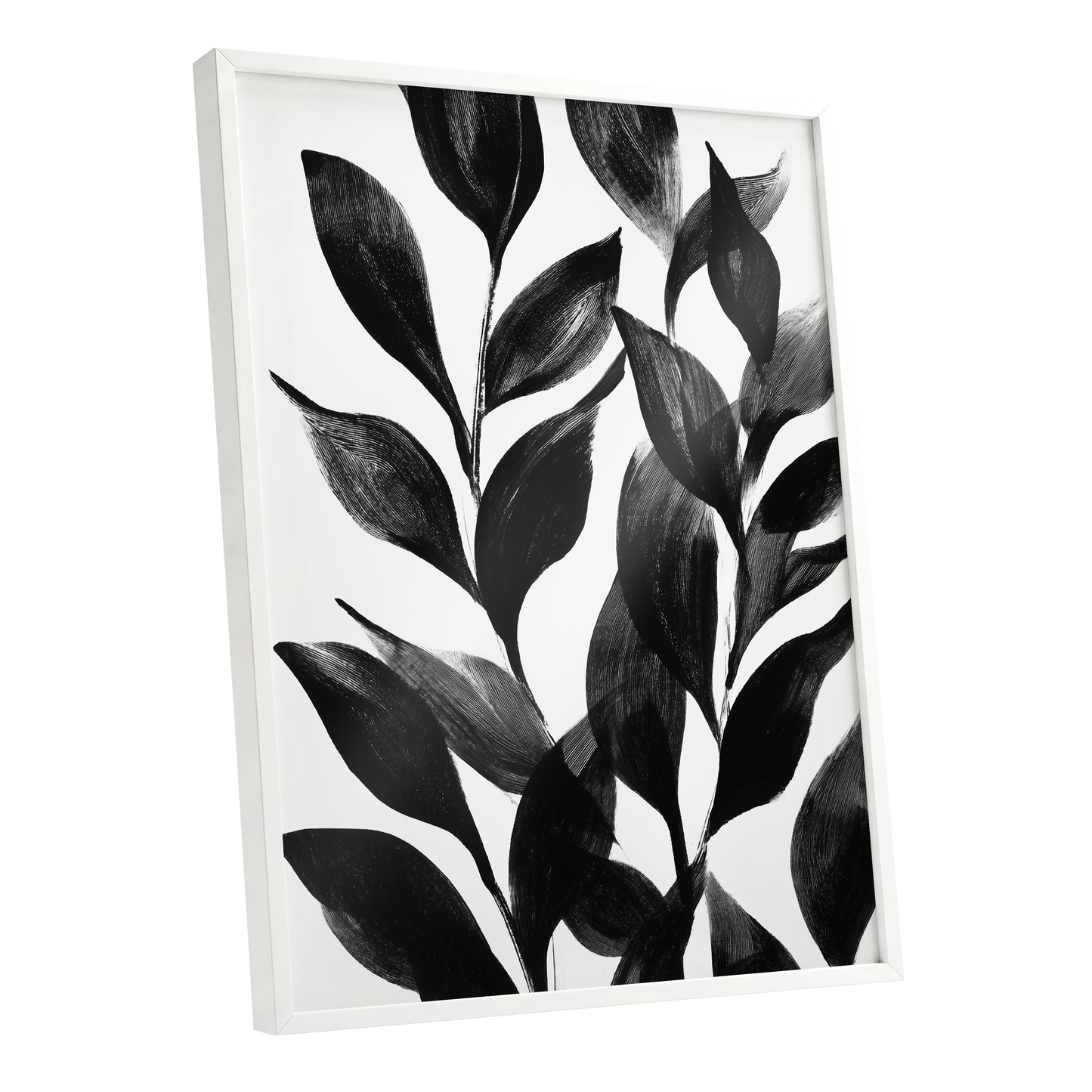 Midnight Leaf Study, black, white, gray nature wall art shown as a white framed poster wall art print