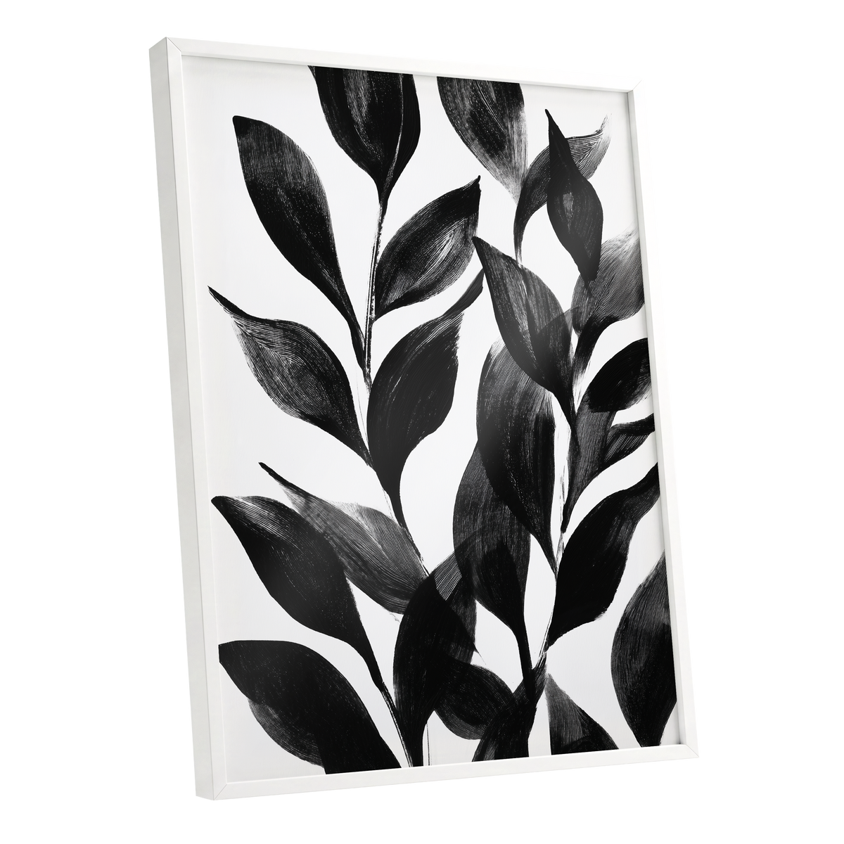 Midnight Leaf Study, black, white, gray nature wall art shown as a white framed poster wall art print