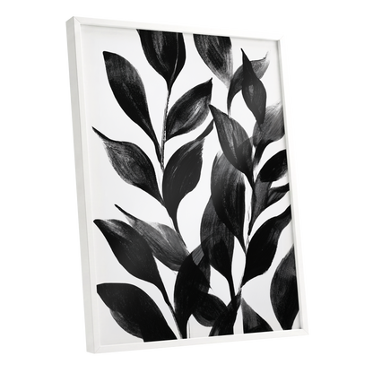 Midnight Leaf Study, black, white, gray nature wall art shown as a white framed poster wall art print