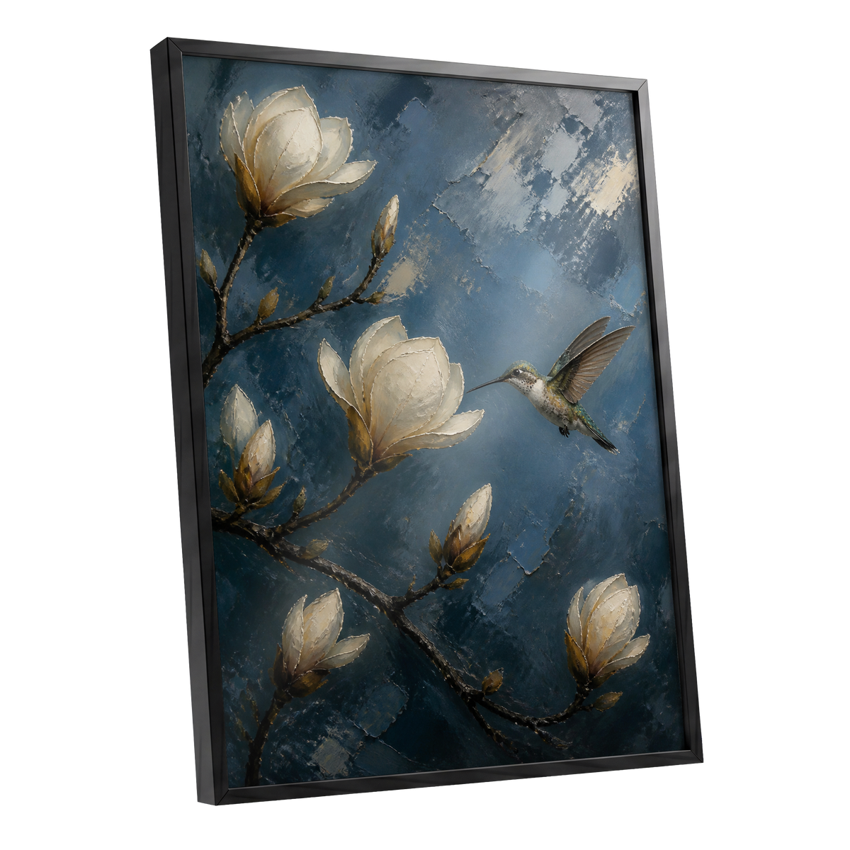 Midnight Magnolia Flight, blue, white, brown floral wall art shown as a black framed poster wall art print