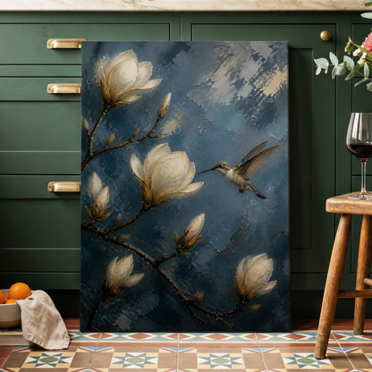 Midnight Magnolia Flight, blue, white, brown floral wall art on canvas displayed in a styled interior, gallery view 2