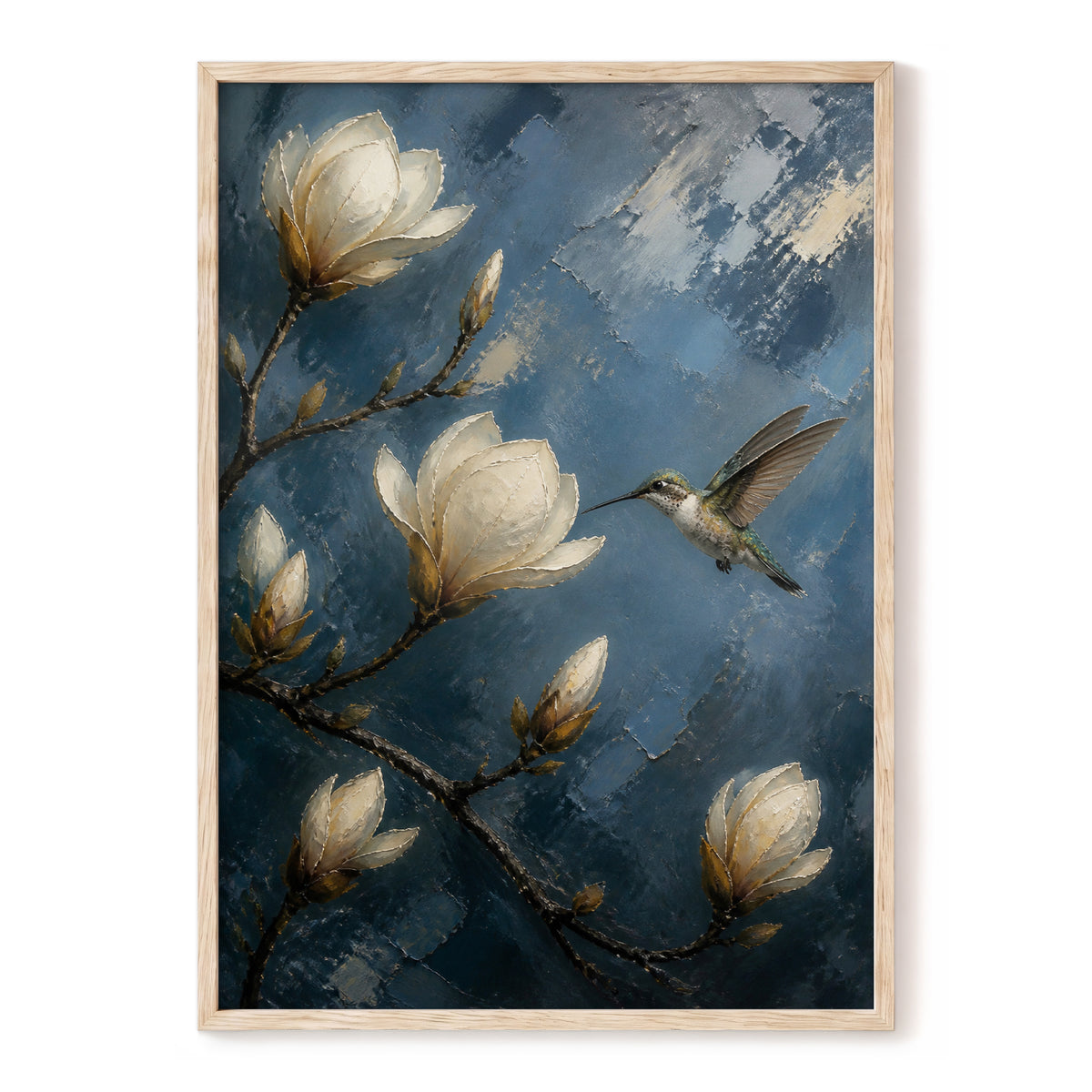 Midnight Magnolia Flight, blue, white, brown floral wall art, front artwork view
