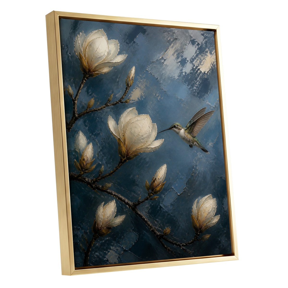 Midnight Magnolia Flight, blue, white, brown floral wall art shown as a gold framed canvas wall art
