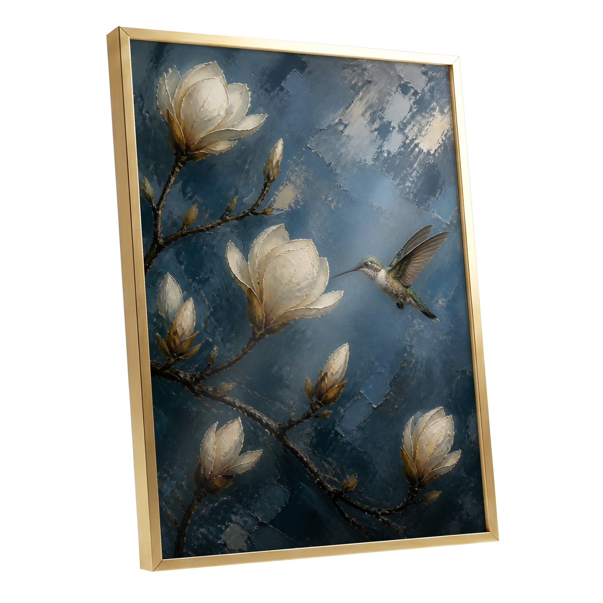 Midnight Magnolia Flight, blue, white, brown floral wall art shown as a gold framed poster wall art print
