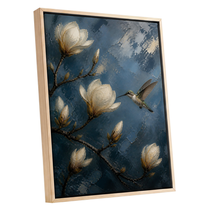 Midnight Magnolia Flight, blue, white, brown floral wall art shown as a oak framed canvas wall art
