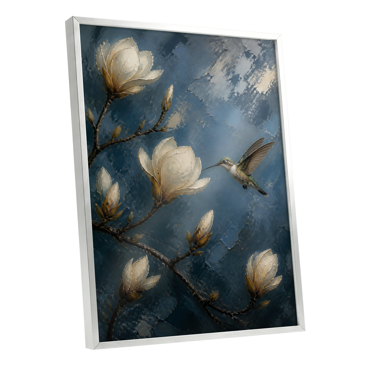 Midnight Magnolia Flight, blue, white, brown floral wall art shown as a silver framed poster wall art print