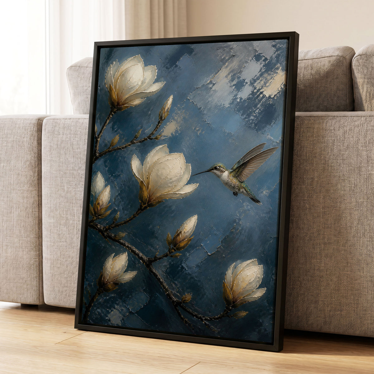 Midnight Magnolia Flight, blue, white, brown floral wall art displayed in a styled interior, gallery view 1