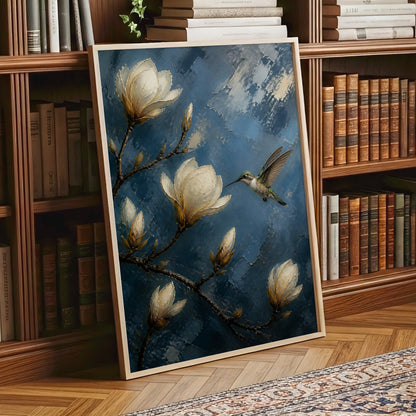 Midnight Magnolia Flight, blue, white, brown floral wall art displayed in a styled interior, gallery view 2