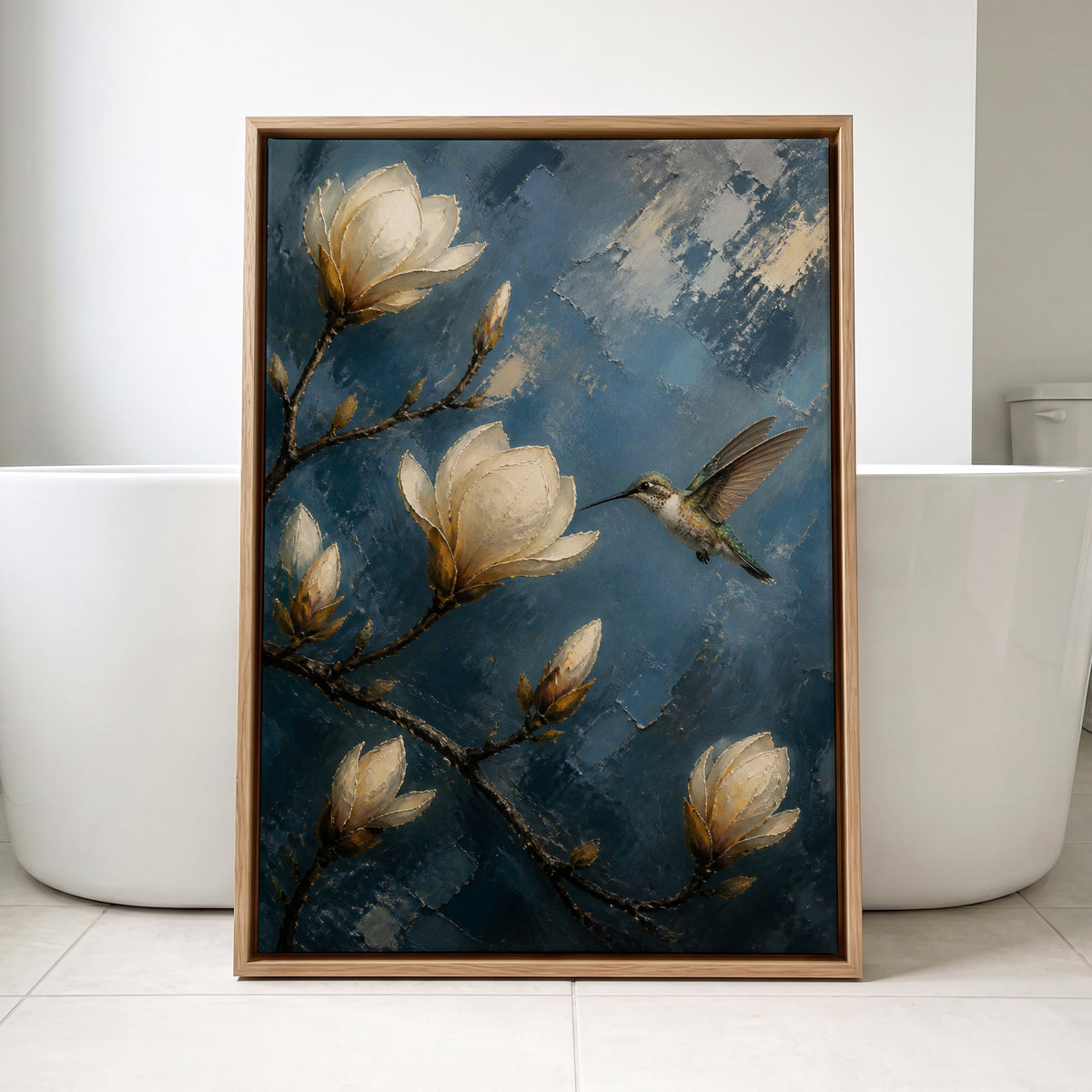 Midnight Magnolia Flight, blue, white, brown floral wall art displayed in a styled interior, gallery view 3