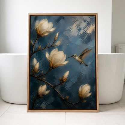 Midnight Magnolia Flight, blue, white, brown floral wall art displayed in a styled interior, gallery view 3